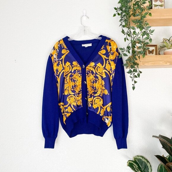 🦋 ST. JOHN BY MARIE GRAY Baroque Royal Blue Cardigan Sweater Small Regency Glam - Picture 1 of 6